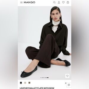 Mango Black Pointed Leather Ballet Flats with Bow Detail Size 8.5 / 39 Like New